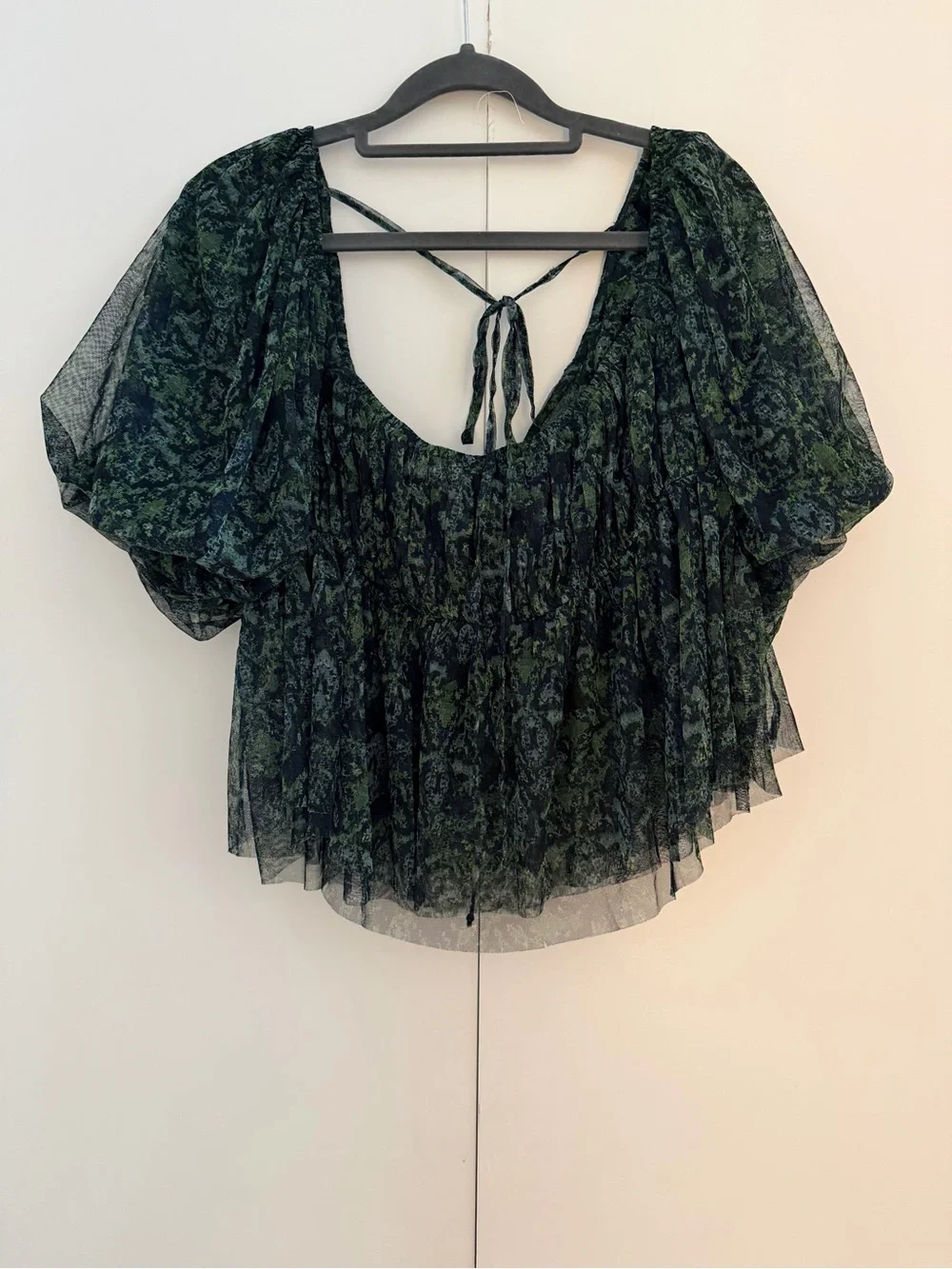 Free People Dark Green Printed Sheer Puff Sleeve Blouse